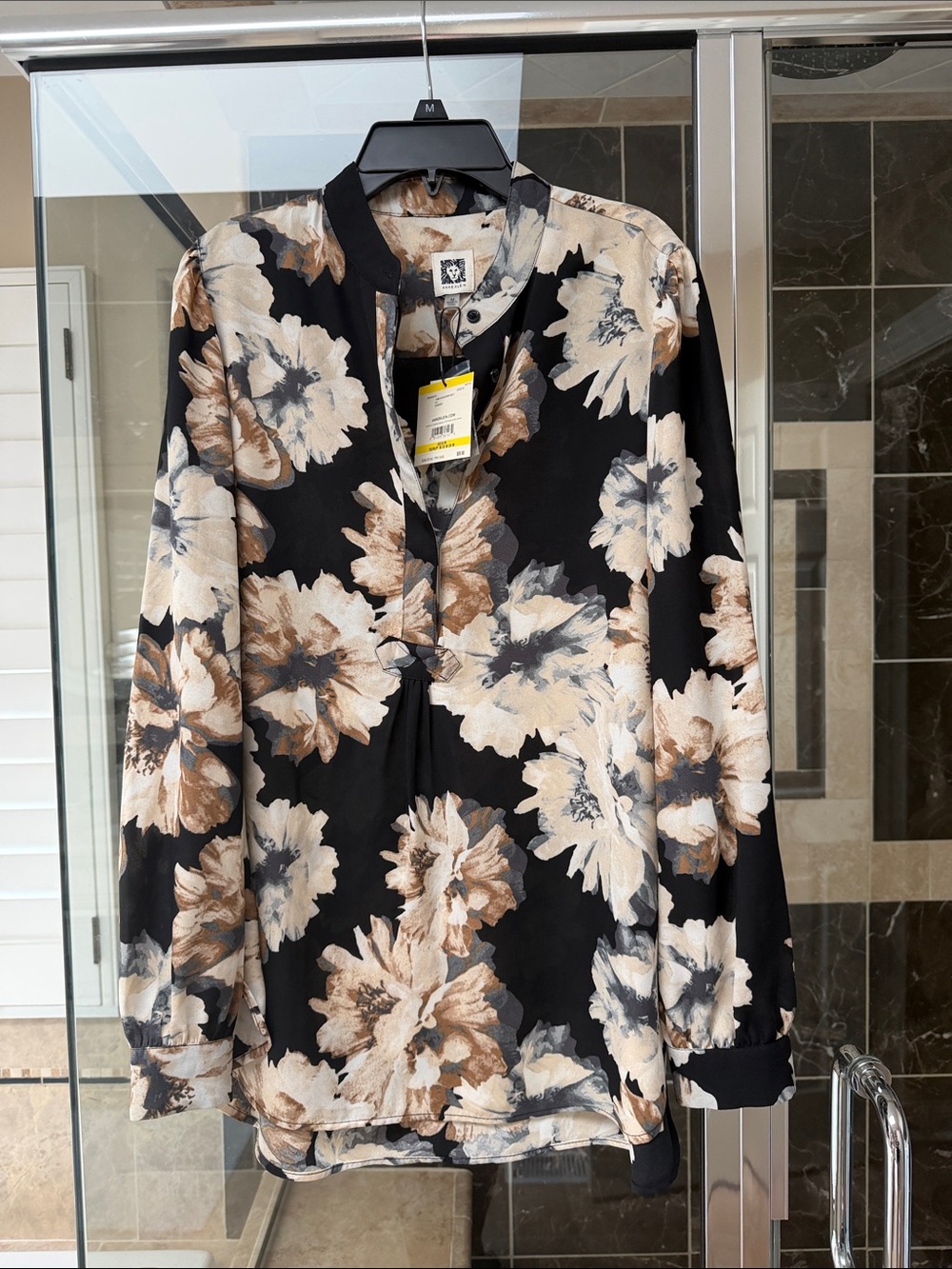 Anne Klein Black, Cream & Tan Floral Print Blouse